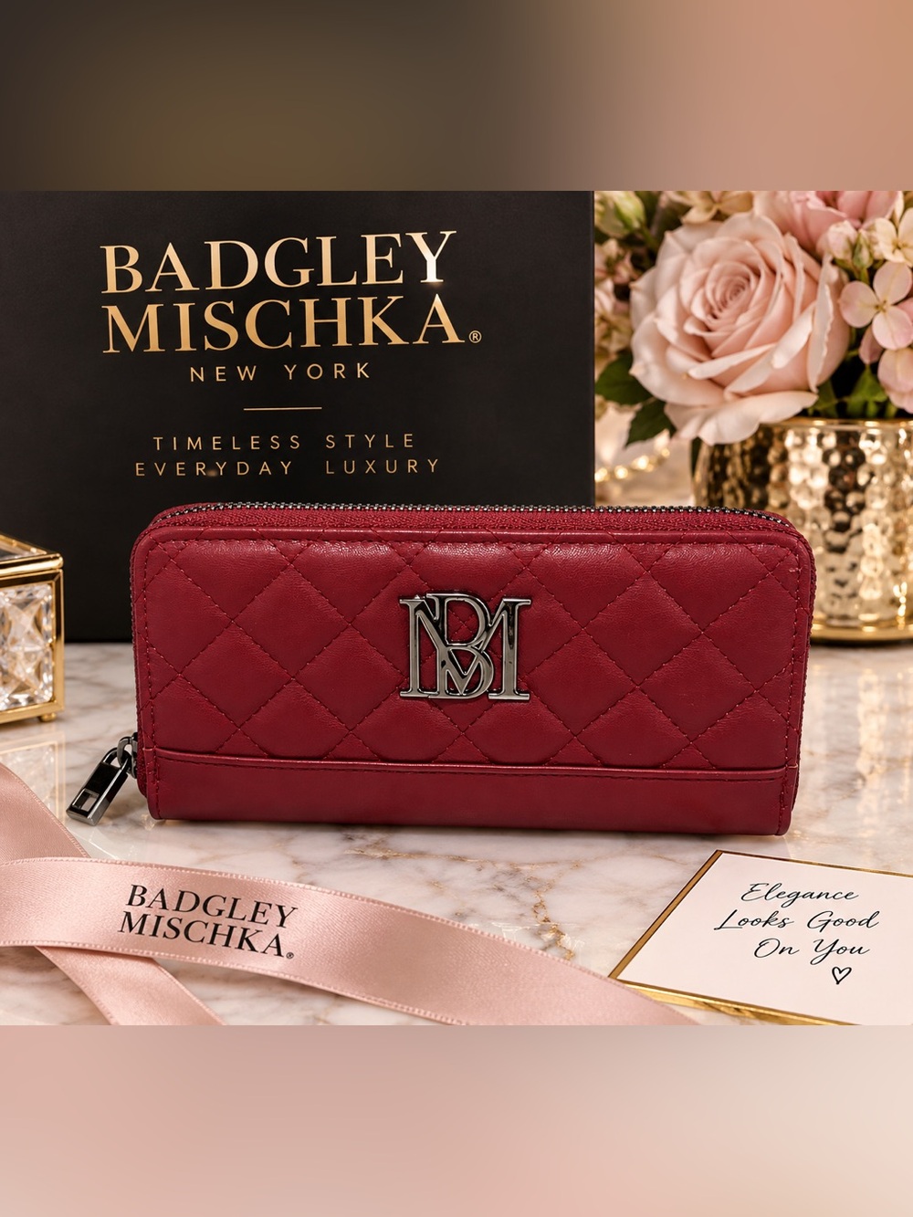 New Badgley Mischka Burgundy Quilted Zip Around Wallet